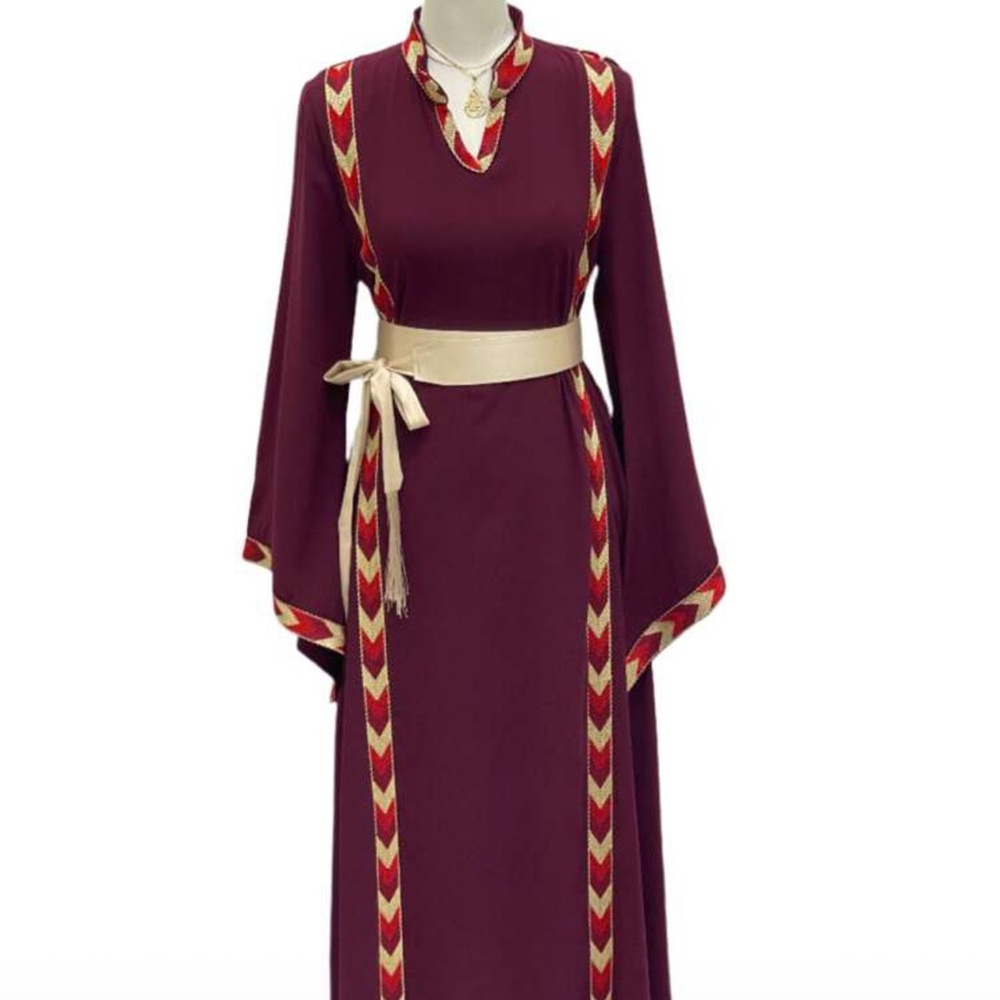 Elegant Burgundy Long Sleeve Dress with Gold Accents